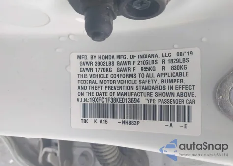 2019 Honda Civic Ex z USA, uszkodzony, nr VIN 19XFC1F38KE013694